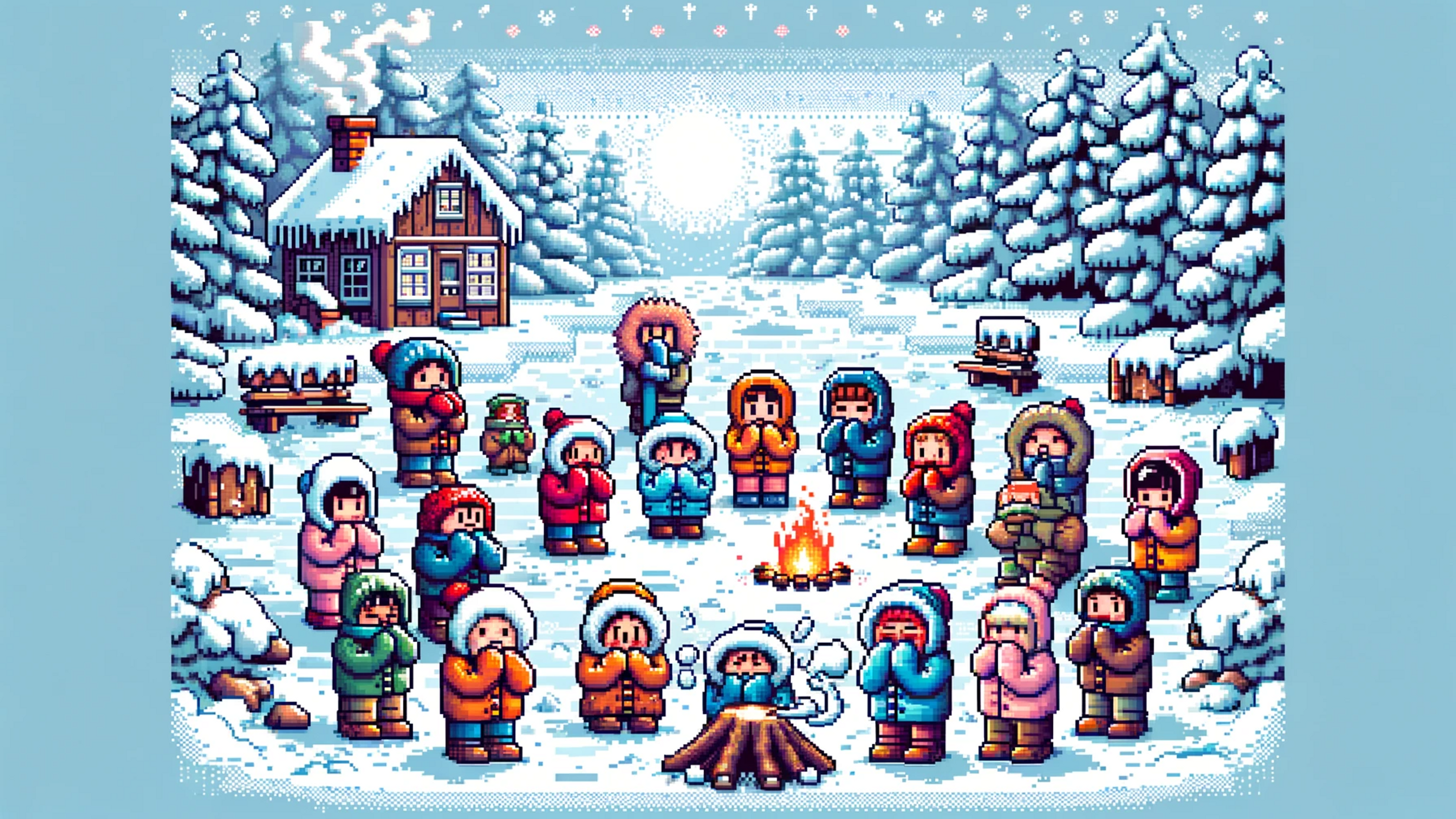 pixelated people trying to stay warm around a fire